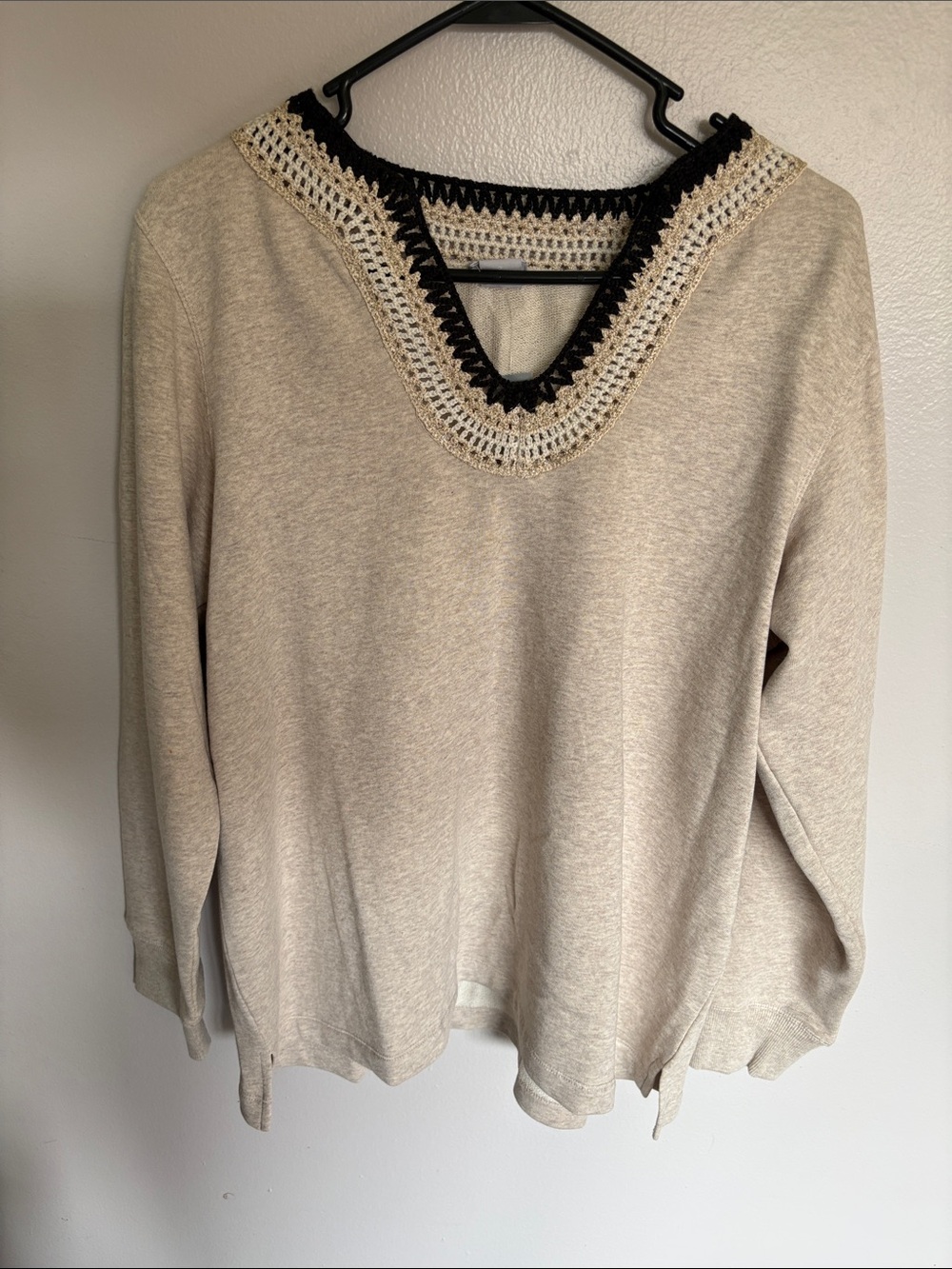 Chico's Cream V-Neck Sweatshirt with Black & Cream Crochet Trim